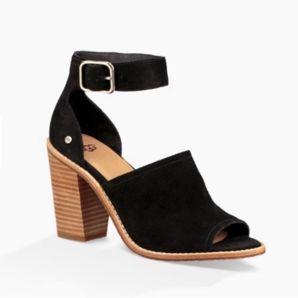UGG Black Suede Ankle Strap Peep Toe Sandals - Picture 5 of 8